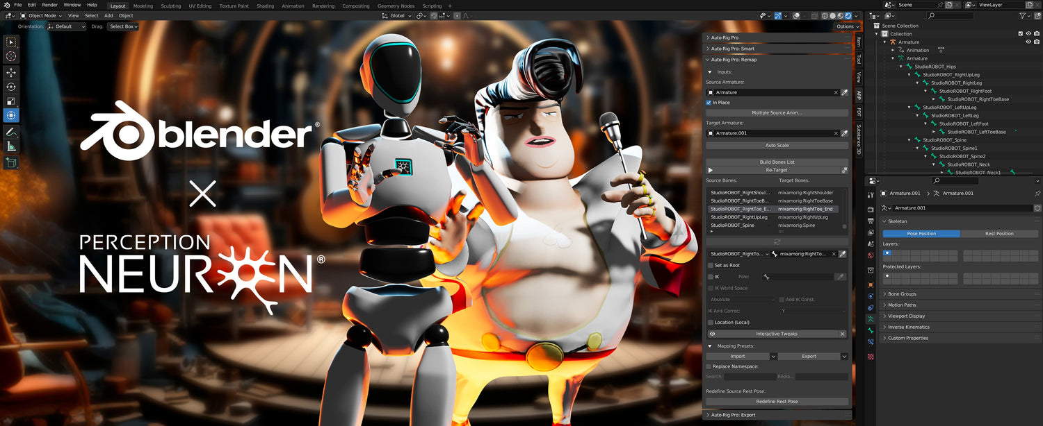 Image of Perception Neuron robot with a 3d character inside blender 3d modeling software showcasing mocap integration